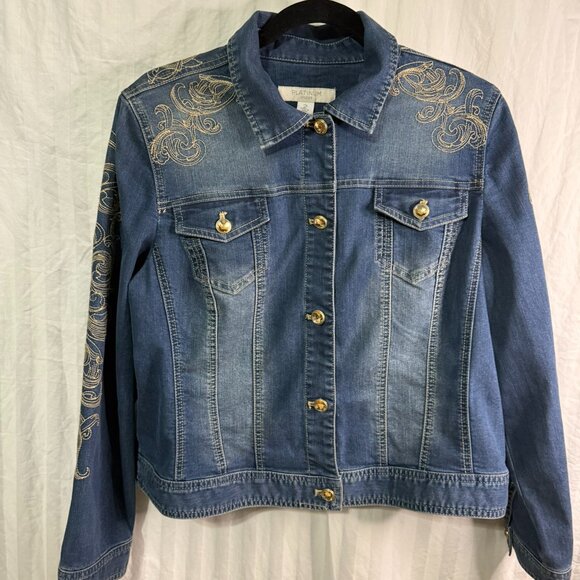 PLATINUM Chico's women's Sequin Embroidered Denim Jacket Size 2 (Large) - Picture 1 of 13